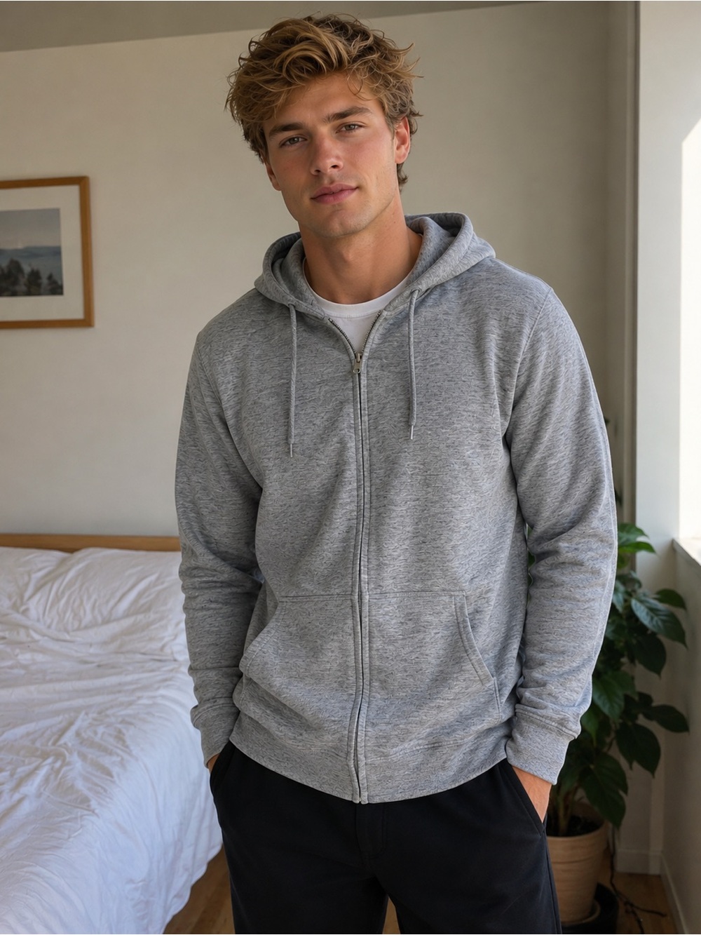 Uniqlo Men's Light Gray Full-Zip Hoodie L